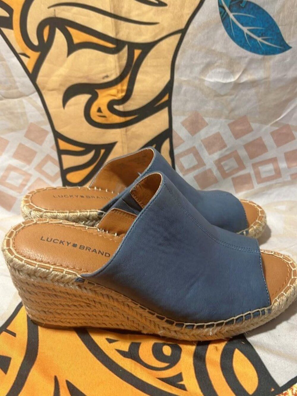 Lucky Brand Blue Leather Espadrille Wedge Sandals – Size 7.5M/38